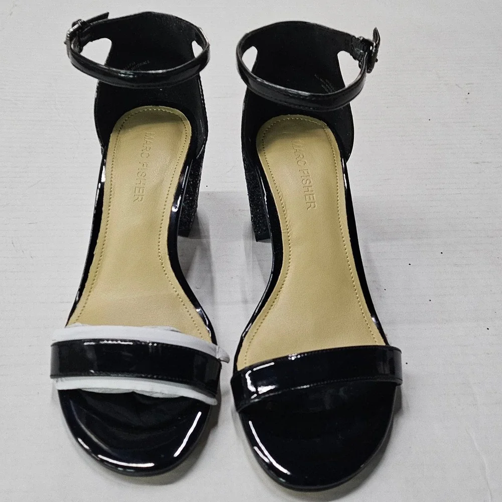 Marc Fisher Safia Black Patent Glitter Block‎ Heel Sandals 5.5M QMSAFIA NEW